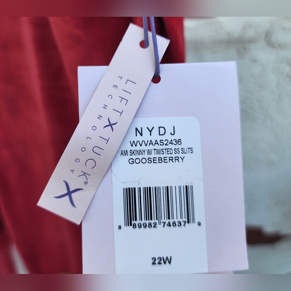 $125 New 22W NYDJ Ami skinny tummy control red velvet twist hem jeans pants - Picture 7 of 16